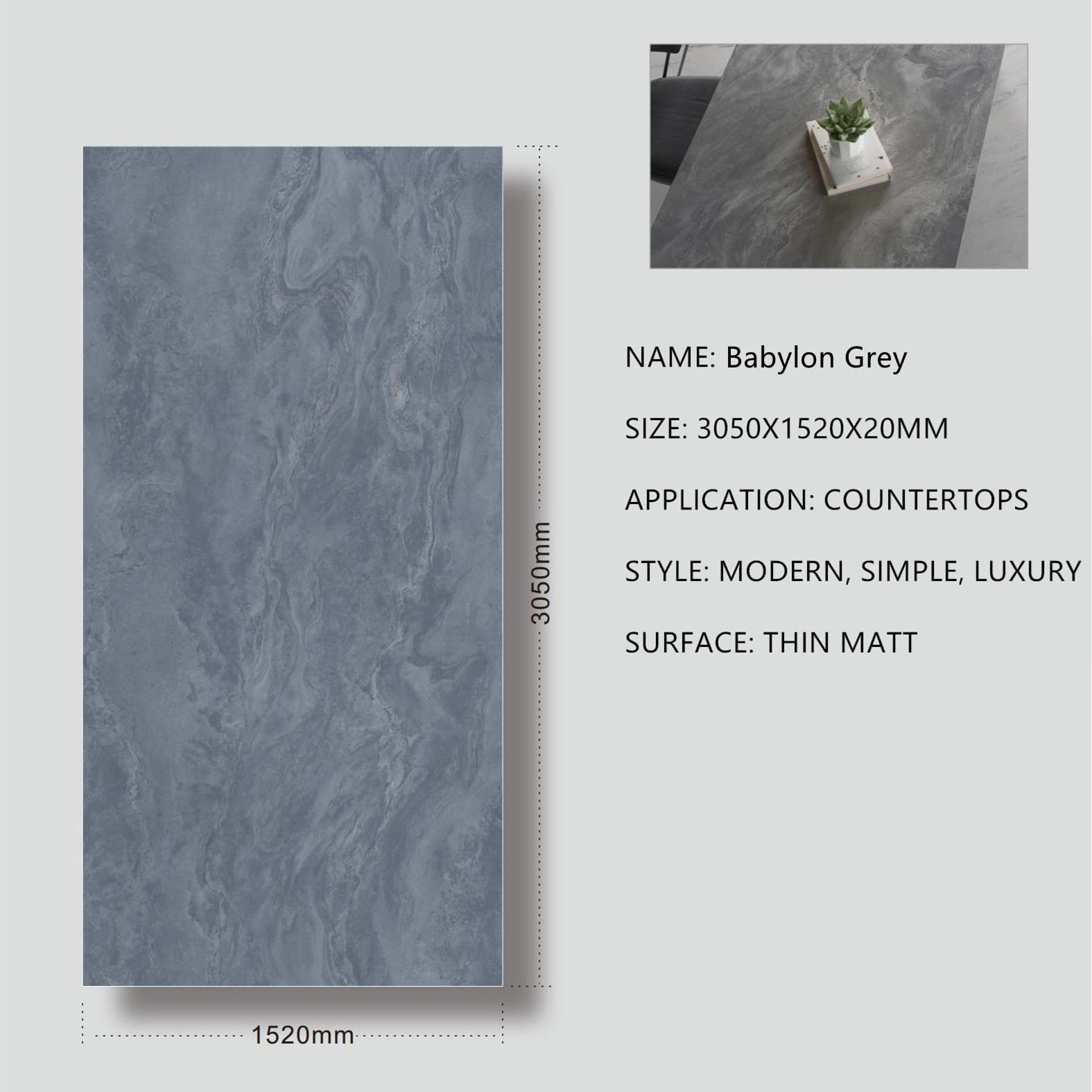 Babylon Grey Sintered Stone Thin Matt 20mm