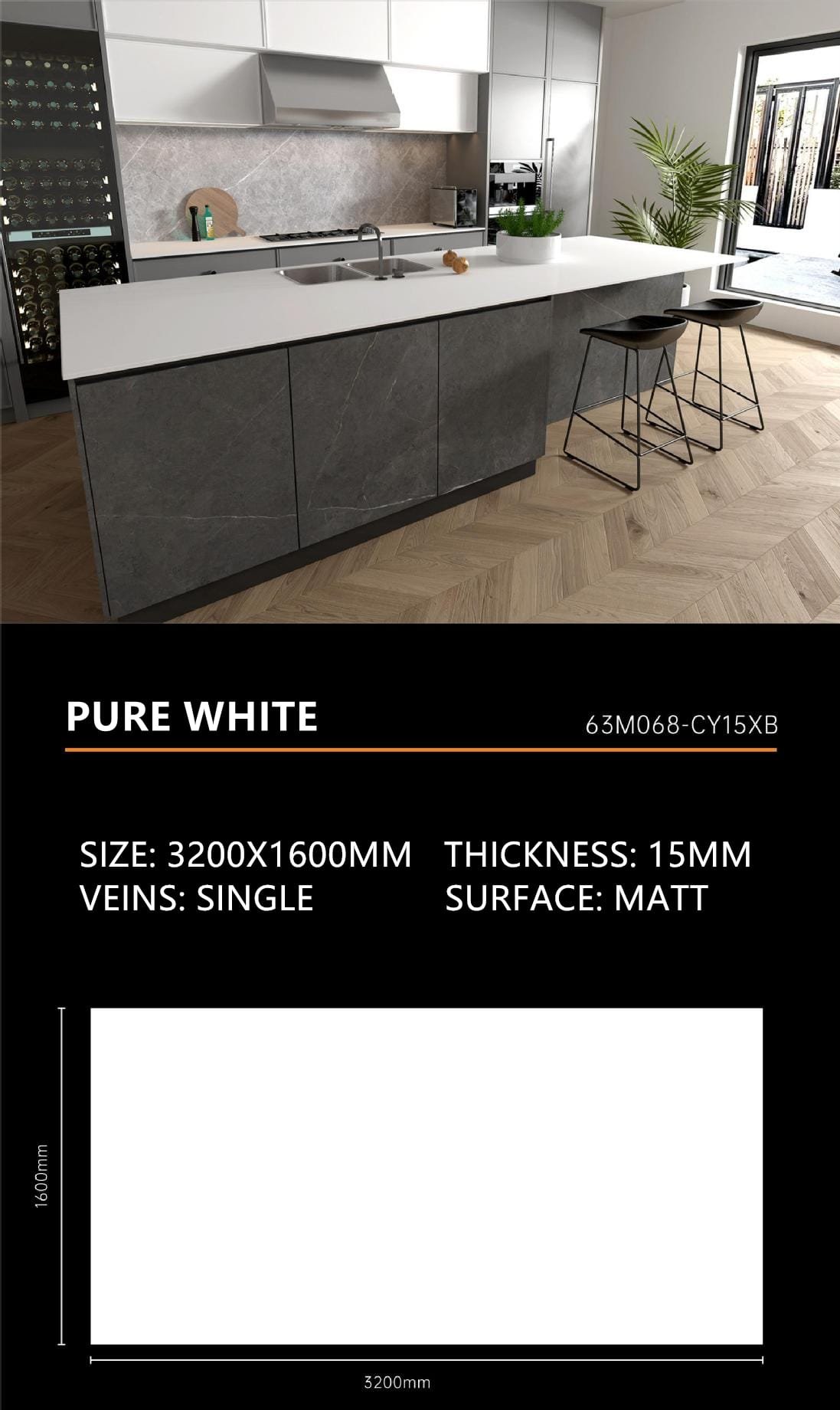 Pure White Sintered Stone Matt 15mm Slab