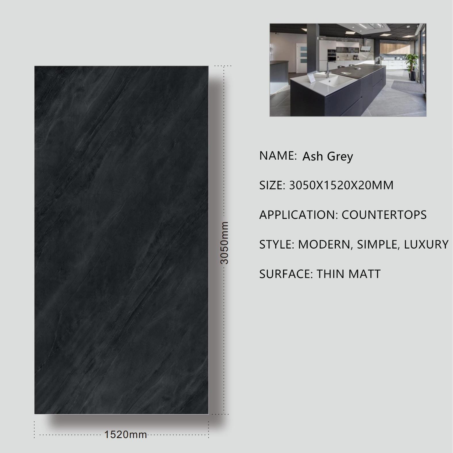 Ash Grey Sintered Stone Thin Matt 20mm