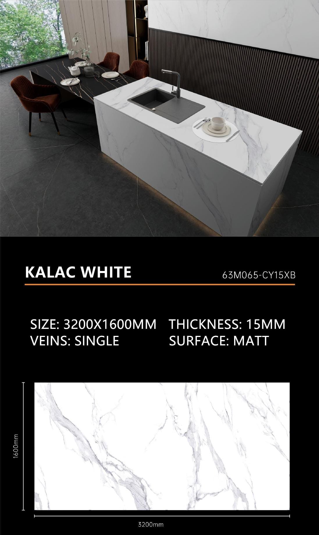 Kalac White Sintered Stone Matt 15mm Slab