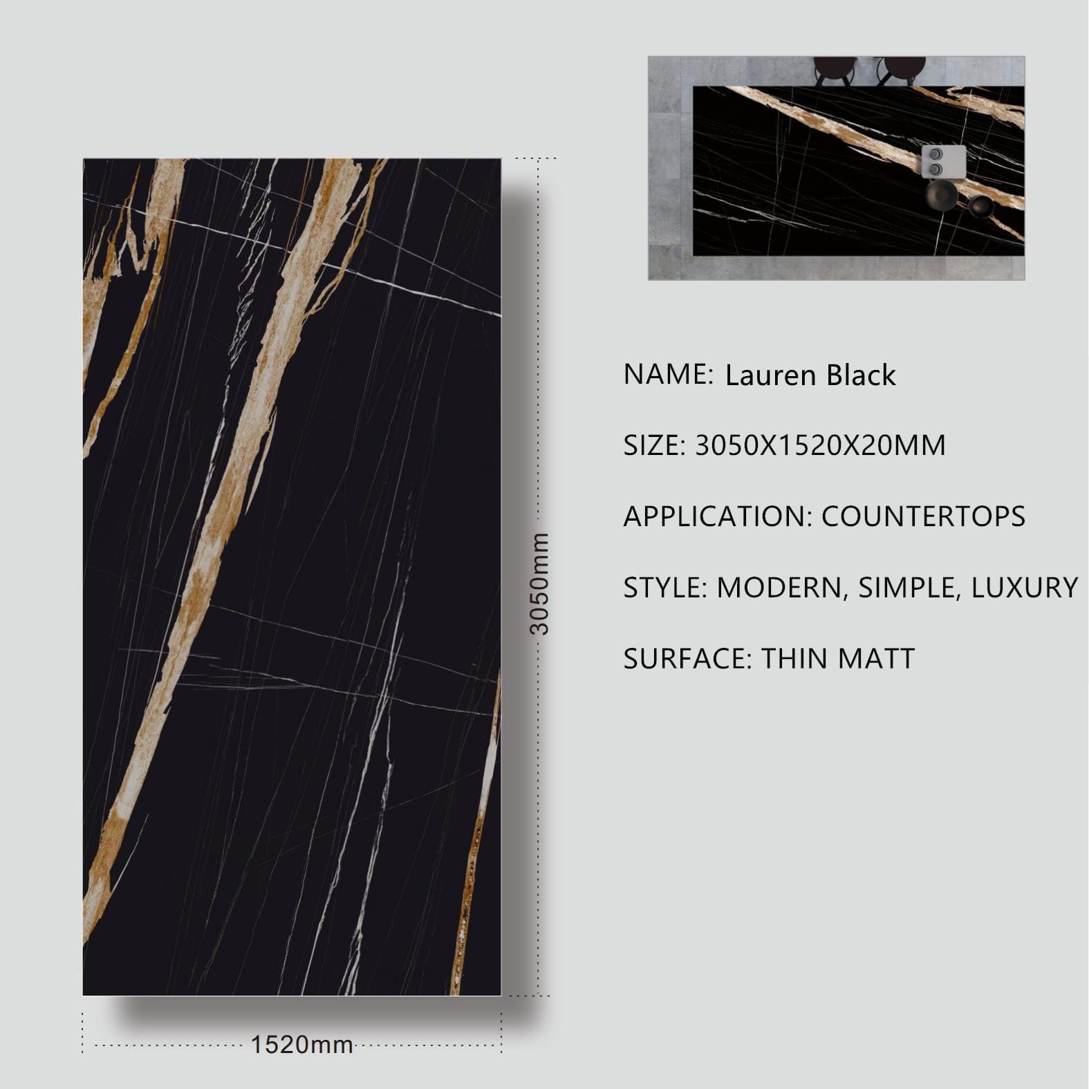 Lauren Black Sintered Stone Thin Matt 20mm