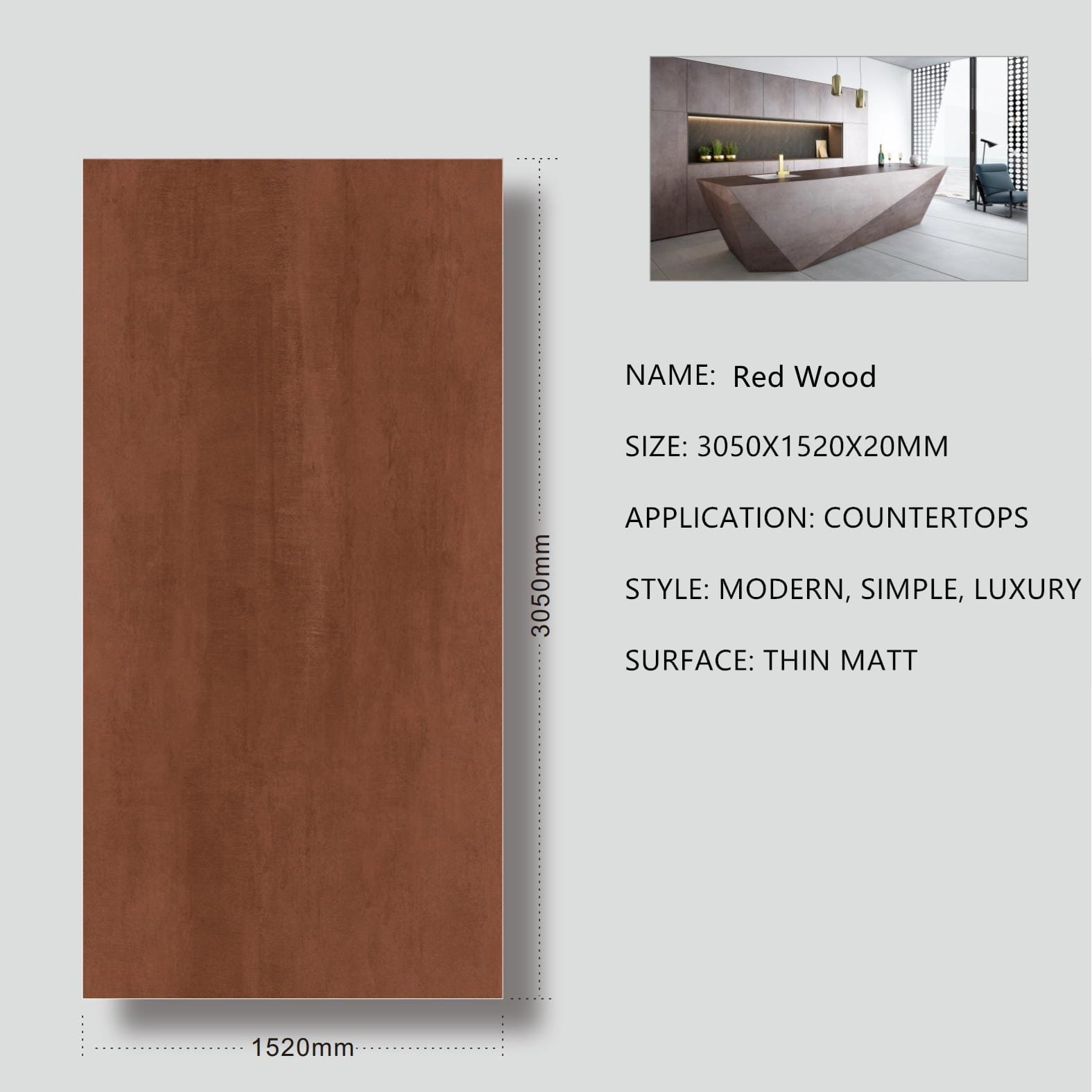 Red Wood Sintered Stone Thin Matt 20mm