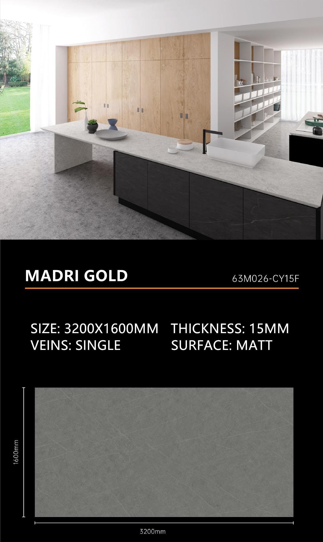 Madri Grey Sintered Stone Matt 15mm Slab