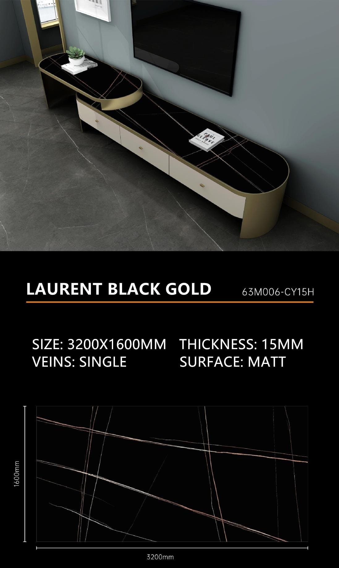 Laurent Black Gold Sintered Stone Matt 15mm Slab