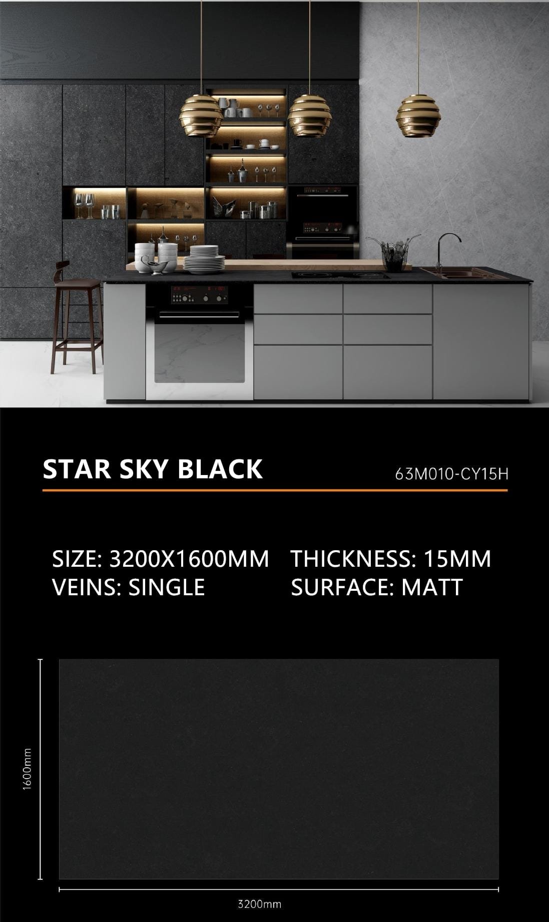 Star Sky Black Sintered Stone Matt 15mm Slab