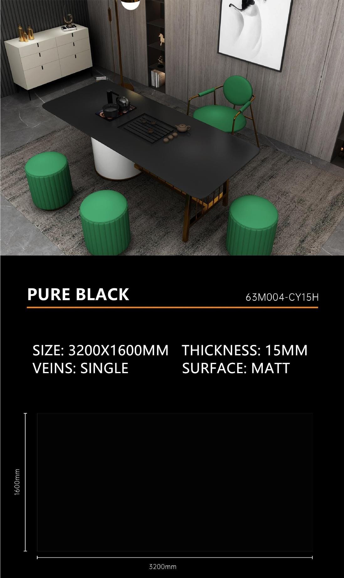 Pure Black Sintered Stone Matt 15mm Slab