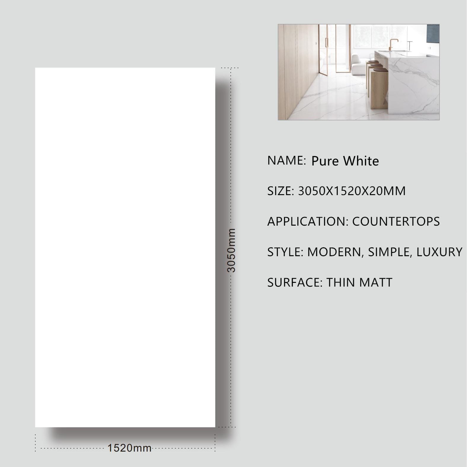 Pure White Sintered Stone Thin Matt 20mm