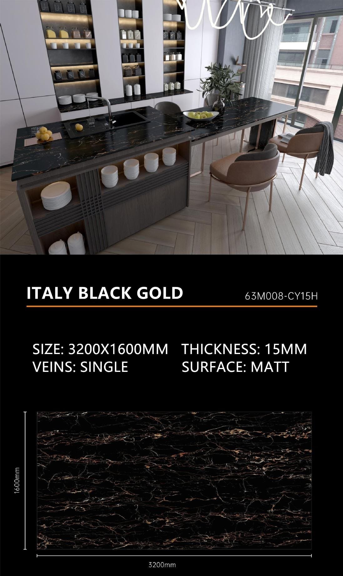 Italy Black Gold Sintered Stone Matt 15mm Slab