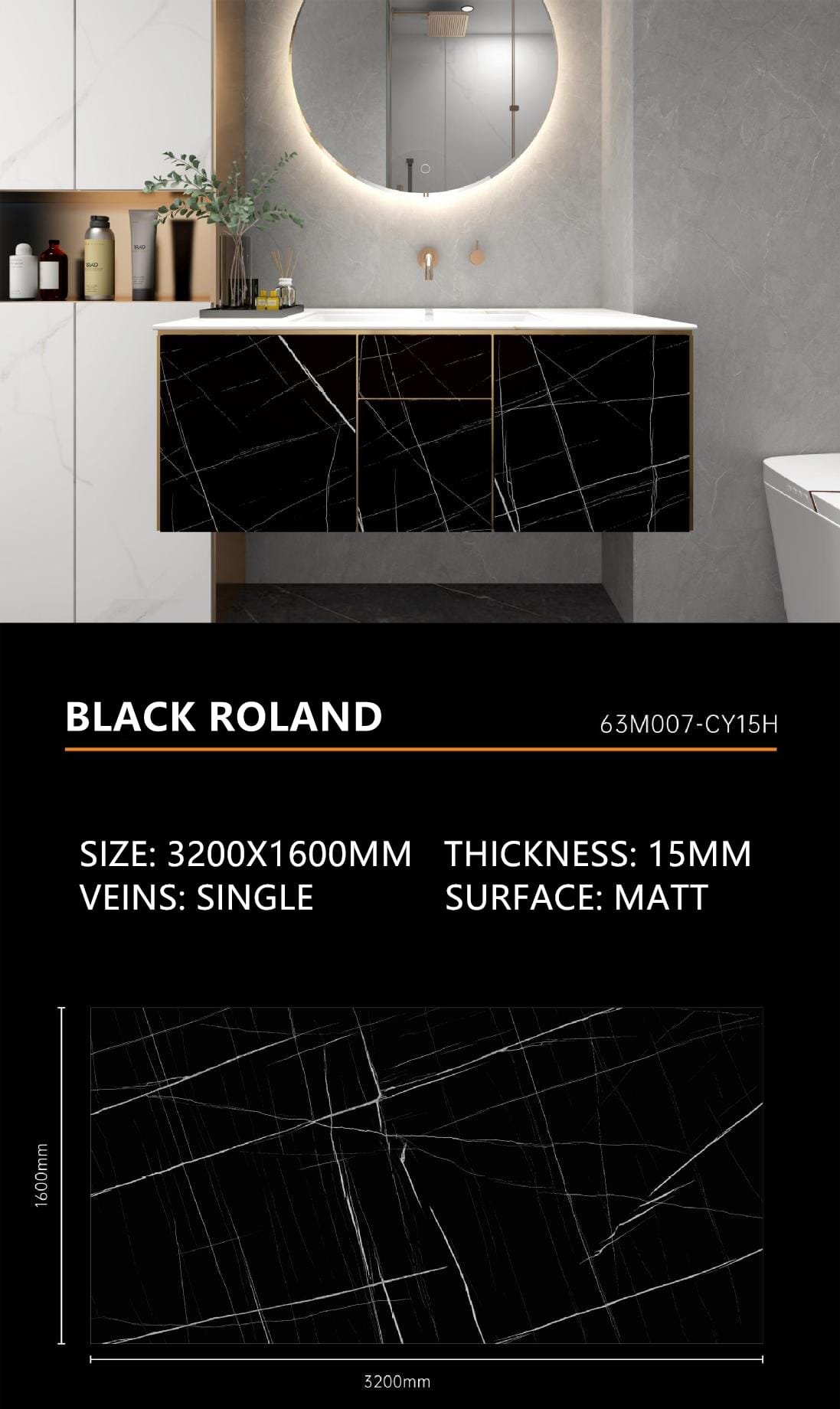 Black Roland Sintered Stone Matt 15mm Slab
