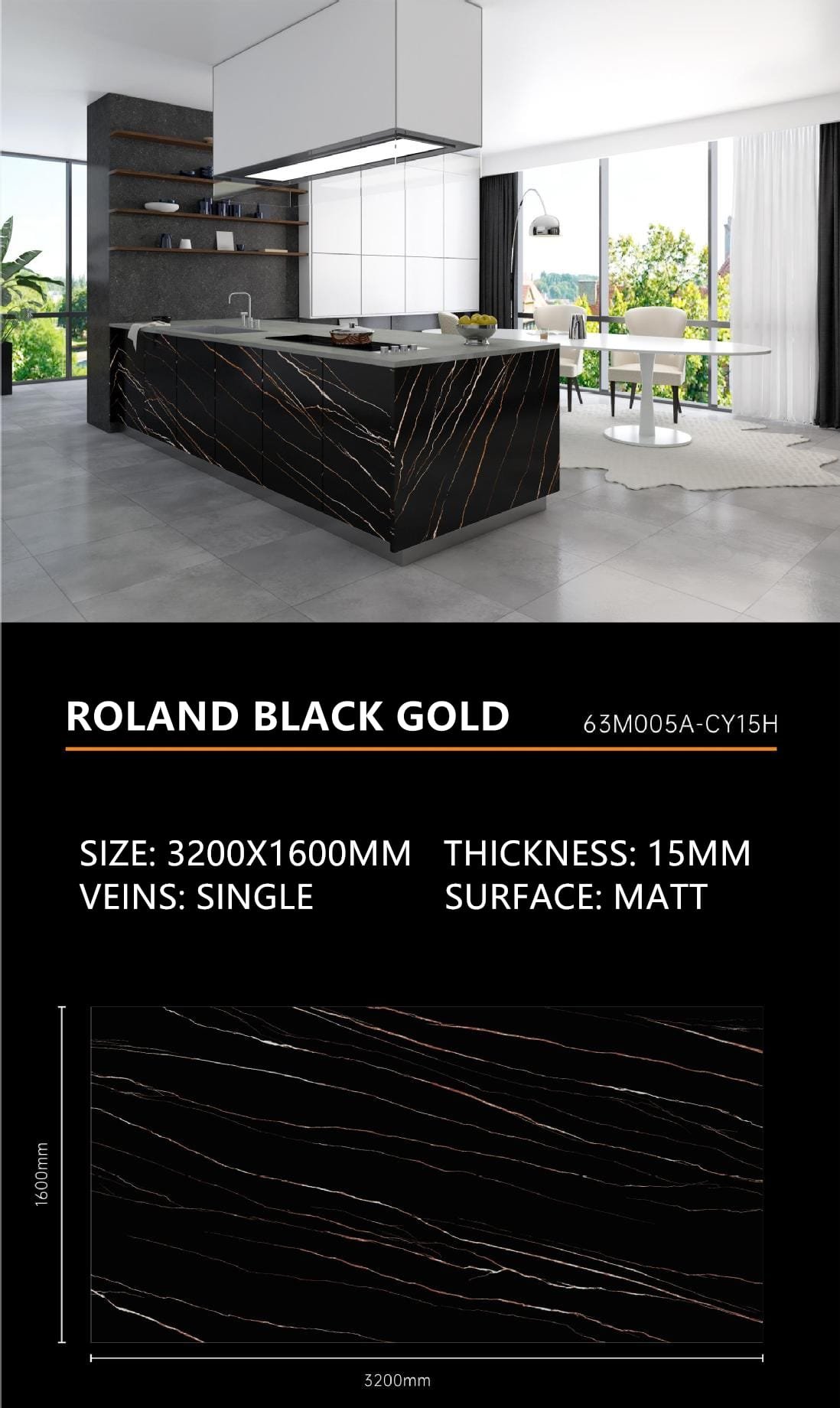 Roland Black Gold Sintered Stone Matt 15mm Slab