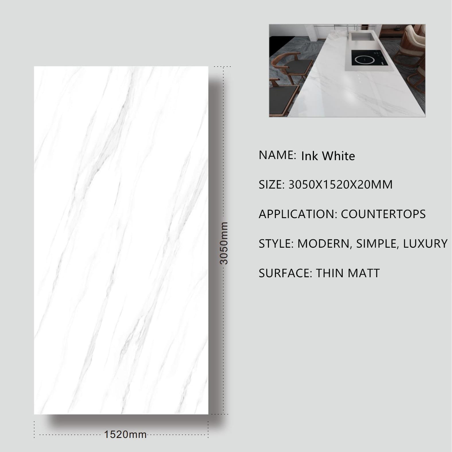 Ink White Sintered Stone Thin Matt 20mm