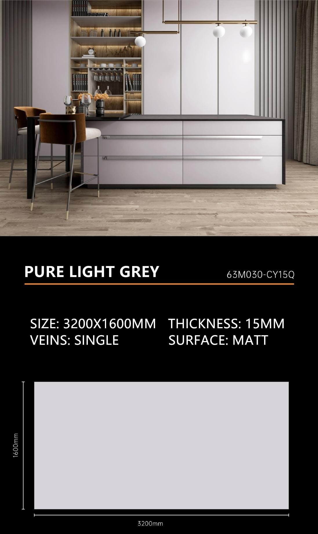 Pure Light Grey Sintered Stone Matt 15mm Slab