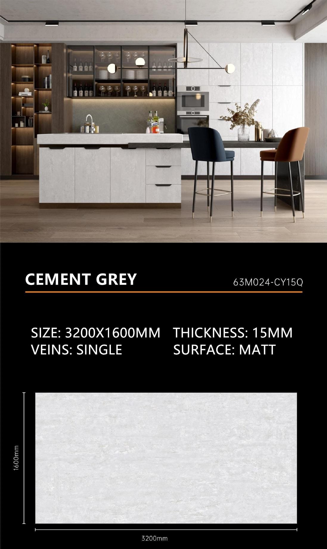 Cement Grey Sintered Stone Matt 15mm Slab