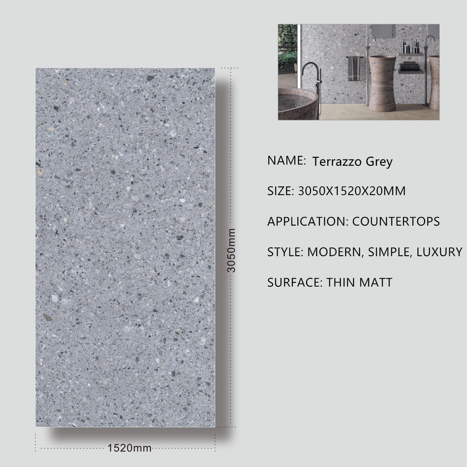 Terrazzo Grey Sintered Stone Thin Matt 20mm